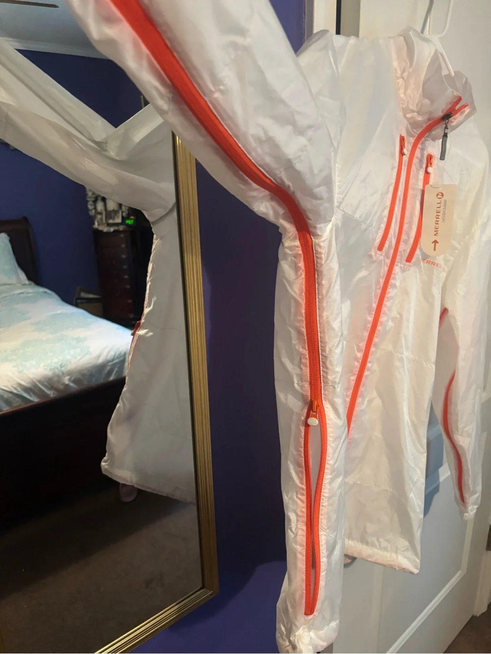 White Windbreaker Jacket with Neon Coral Zippers